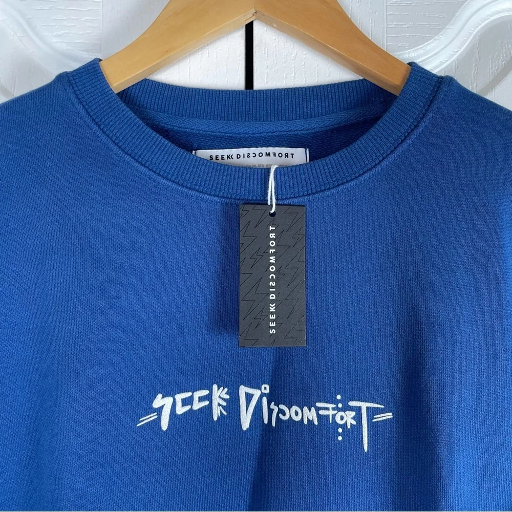 Seek Discomfort Essential Crewneck Sweater Sweatshirt Men’s XS Blue Motivational